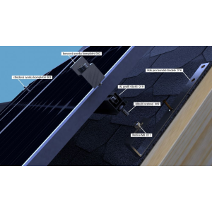 Nosná konstrukce FV panelu – šikmá střecha – šindel Počet FV panelů: 6 panelů, na výšku